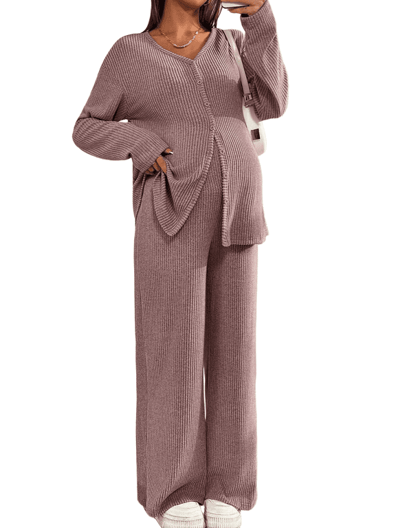 Women's Maternity Pajama Loungewear Set, V Neck Button Down Long Sleeve Top & Adjustable Wide Leg Trousers, Comfortable High Stretch Maternity Outfit