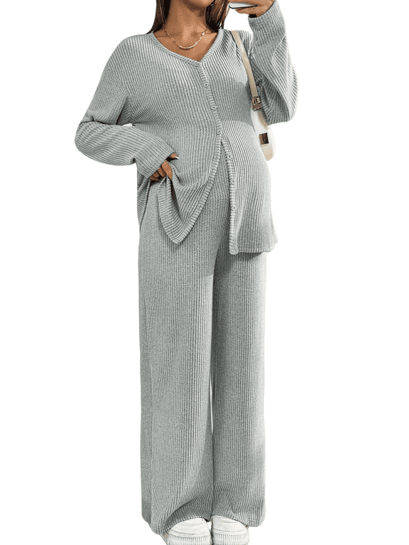 Women's Maternity Pajama Loungewear Set, V Neck Button Down Long Sleeve Top & Adjustable Wide Leg Trousers, Comfortable High Stretch Maternity Outfit