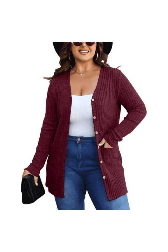 Women's Plus Size Knit Cardigan, Designed Specifically for Autumn & Winter—Vintage-Style Fall Outerwear, Stretchy with Practical Pockets.