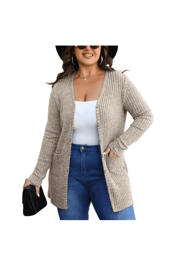 Women's Plus Size Knit Cardigan, Designed Specifically for Autumn & Winter—Vintage-Style Fall Outerwear, Stretchy with Practical Pockets.