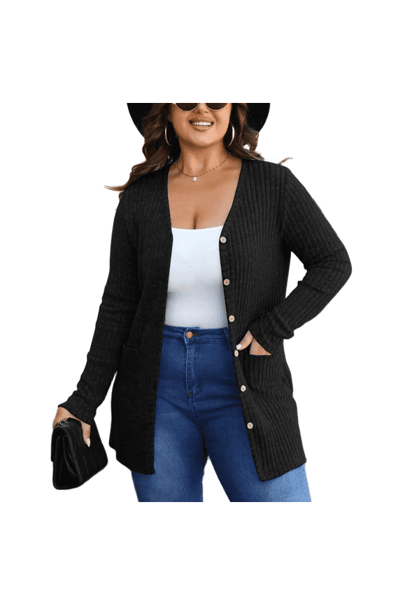Women's Plus Size Knit Cardigan, Designed Specifically for Autumn & Winter—Vintage-Style Fall Outerwear, Stretchy with Practical Pockets.