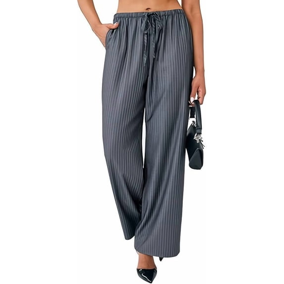 Sucegi Women's Striped Wide-Leg Pants Elastic Waist with Drawstring | Loose Fit for Concealing Imperfections | Perfect for Daily Commute