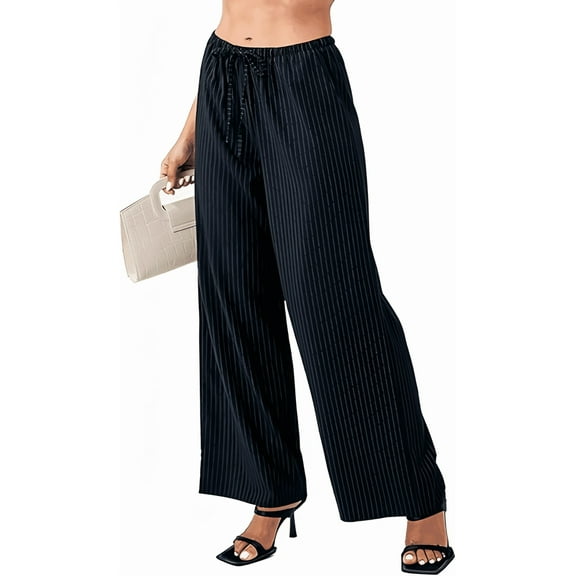 Sucegi Women's Striped Wide-Leg Pants Elastic Waist with Drawstring | Loose Fit for Concealing Imperfections | Perfect for Daily Commute