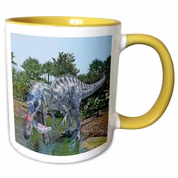 3drose, Suchomimus Feeding on a Shark in the Jungle, 11oz Two-tone Yellow Mug