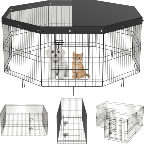 Suchown 24'' Foldable Dog Playpen with Top & 8 Panels, Durable Pet Playpen for Indoor/Outdoor Use, Customizable Shape with UV Protection & Ground Stakes