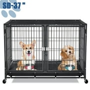 Suchown Heavy Duty Dog Crate – 37 Inch Escape-Proof Steel Cage for Small to Medium Dogs, Stackable Metal Kennel with Double Door, Lockable Wheels, Removable Tray & Feeding Bowls, Indoor/Outdoor Use