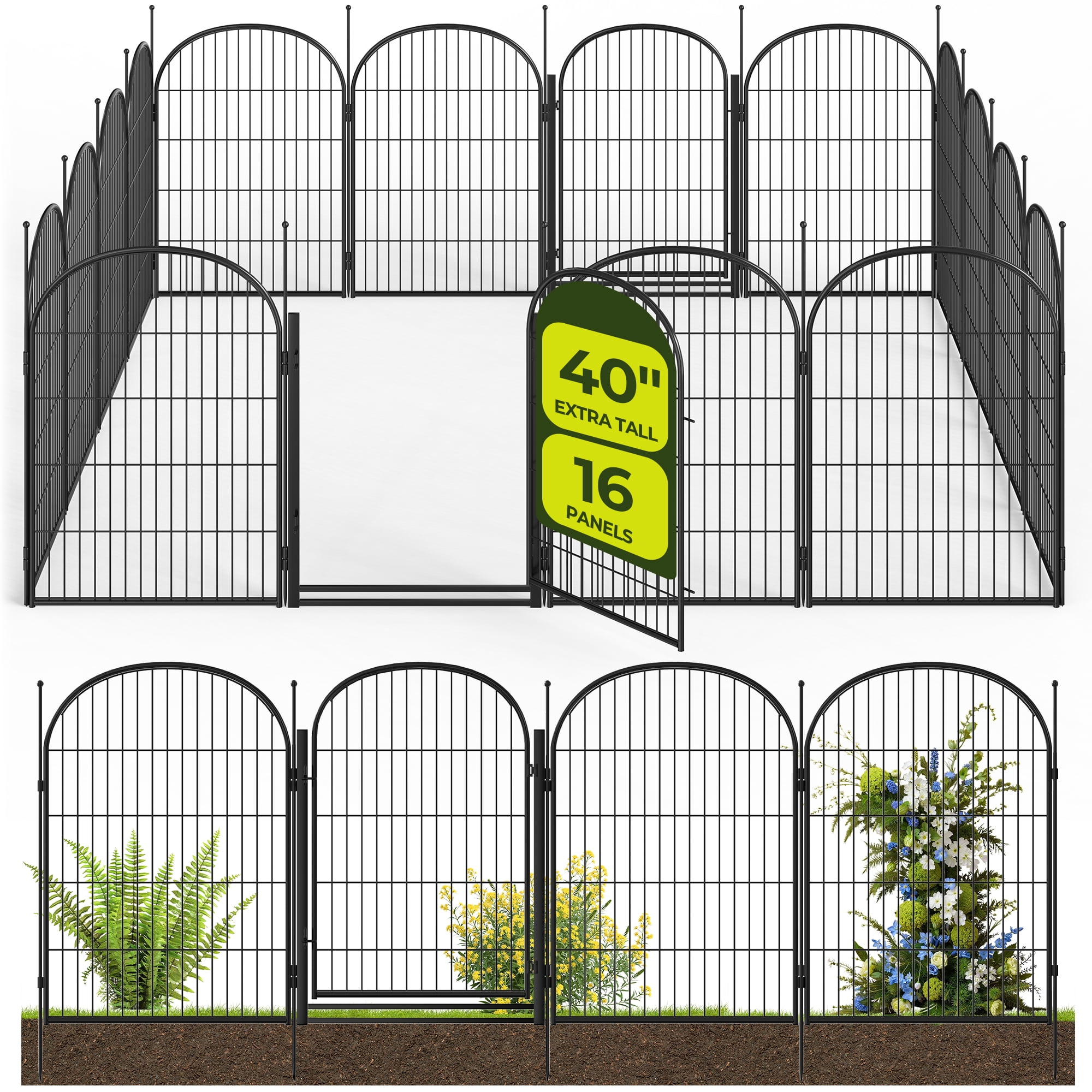 Suchown 40" Decorative Garden Fence, 16-Panel Arched Metal Landscape Border, Rust-Proof Outdoor Animal Barrier for Yard & Vegetable Garden, No Tools Required