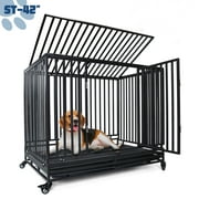 Suchown 42" Heavy Duty Dog Crate with Wheels,Escape Proof Dog Cage Kennel Lockable Double Doors Dog Crate with Removable Trays for Small Large Extra-Large Dogs