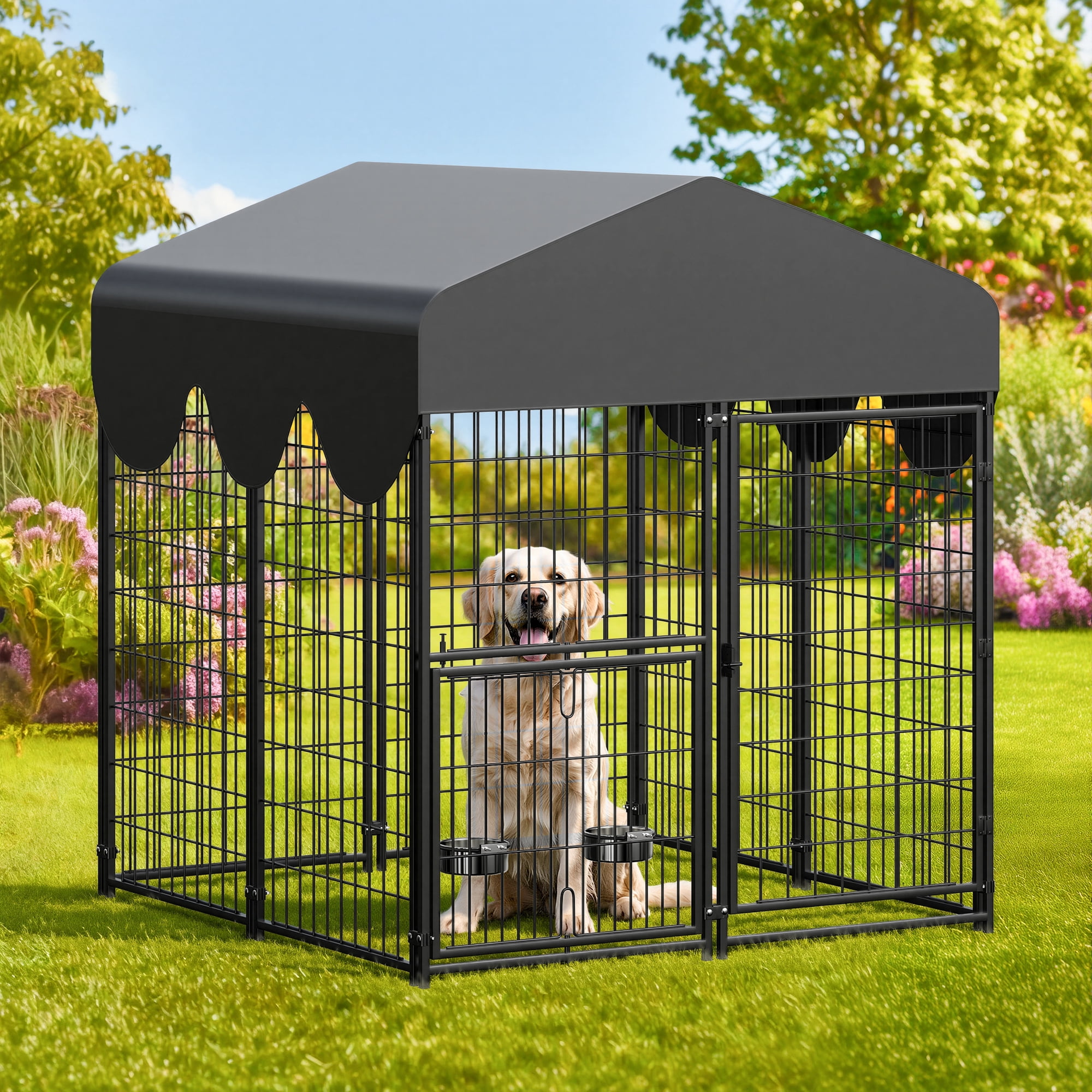 View of Suchown Dog Kennel Outdoor with Roof – Heavy Duty Dog Run, Large Dog ...