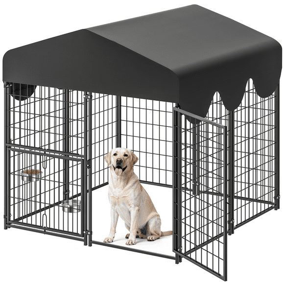 Suchown Dog Kennel Outdoor with Roof – Heavy Duty Dog Run, Large Dog Crate with Waterproof Cover, Rotating Feeder & Secure Lock, Expandable Dog Fence for Small to Large Dogs, 4' x 4.25' x 4.5'