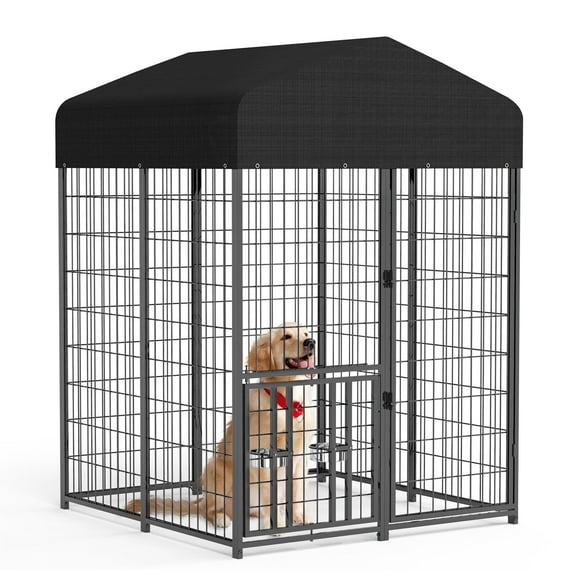 Suchown Outdoor Dog Kennel with Roof, 4' x 4' x 5.6' Heavy Duty Dog Run with Waterproof Cover, Secure Lock & Feeder, Large Dog Cage Playpen Crate for Yard or Patio