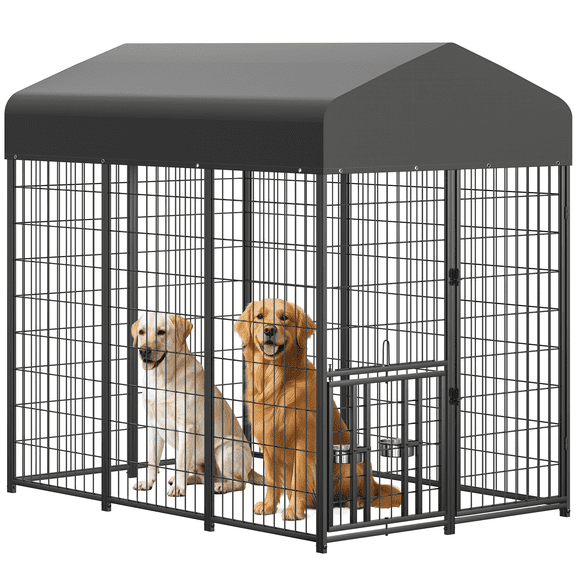 Suchown 6' x 4' x 5.6' Outdoor Dog Run Kennel with Waterproof Canopy - Heavy Duty Welded Wire Pen for Medium Dogs - Swivel Feeding Bowls Included