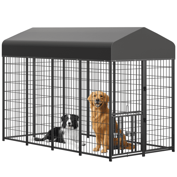 Suchown 8' x 4' x 5.6' Large Dog Kennel Run with Roof & Rotating Feeders - Heavy Duty Welded Wire Pet Enclosure - Escape-Proof Fence for Large Breeds