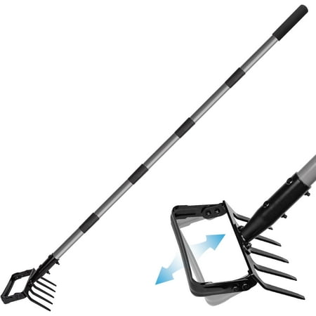 Suchtale 82 Inch Stirrup Hoe and 5-Tines Rake, Action Hoe for Weeding, 2 in 1 Scuffle Hoe with 37-82"Adjustable Handle, Hula Hoe Cultivator for Loosening Soil,Loop Hoe for Garden Weeding and Planting