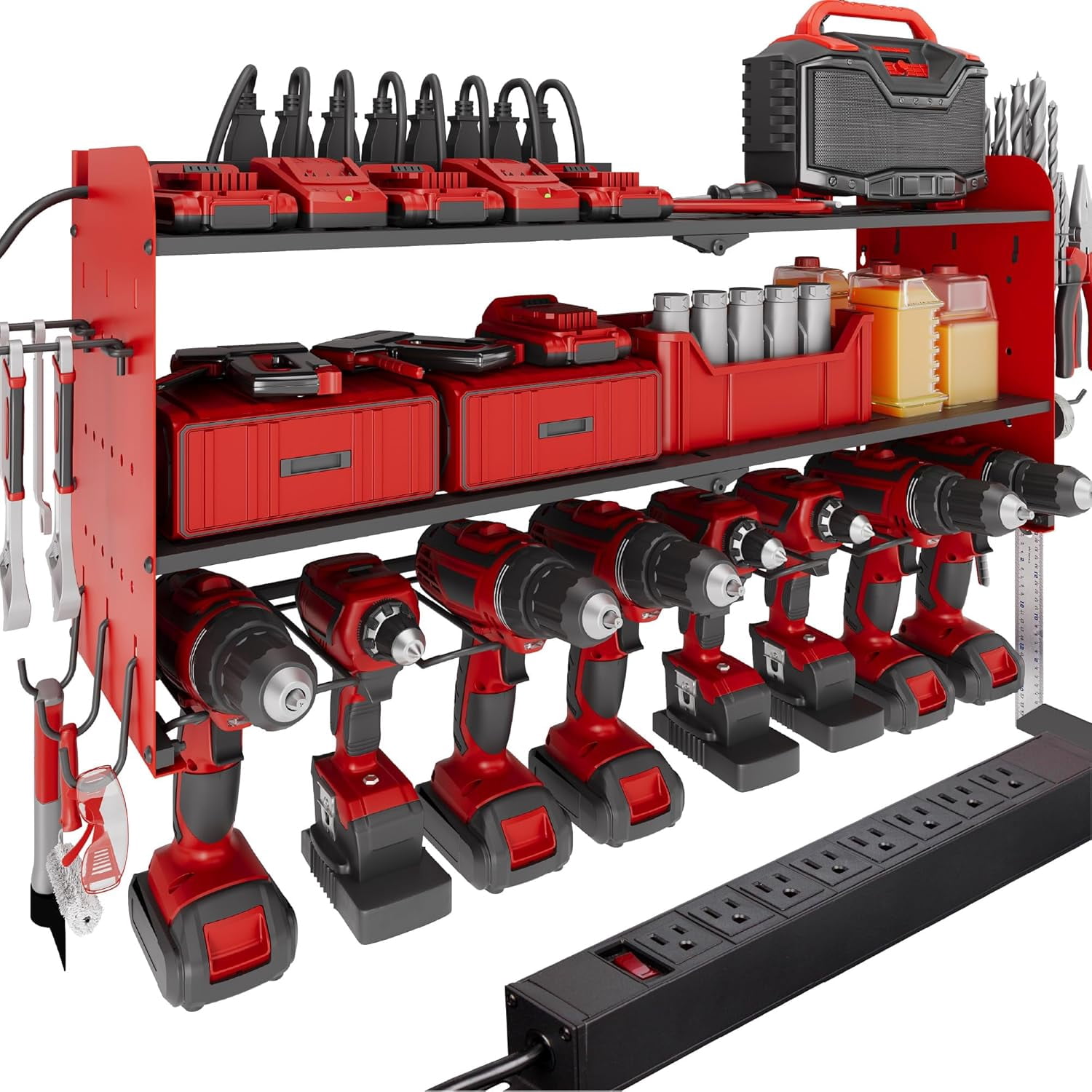 Suchtale Power Tool Organizer with Charging Station,33.2''Garage 8 Drill Holders Wall Mount,3 Layers Heavy Duty Metal Tool Shelf with 8 Outlets Power Strip, Gift for Men, Father, Red