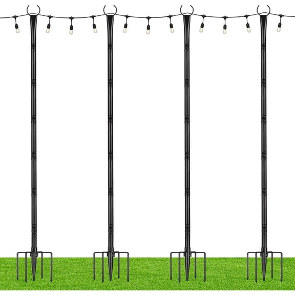 Suchtale String Light Poles with Hooks, 4 Pack 8.5FT Metal Light Pole for Outdoor String Lights with 5-Prong Fork for Garden, Patio, Wedding Party, Outdoor Light Stand Holder for Christmas Deck Black