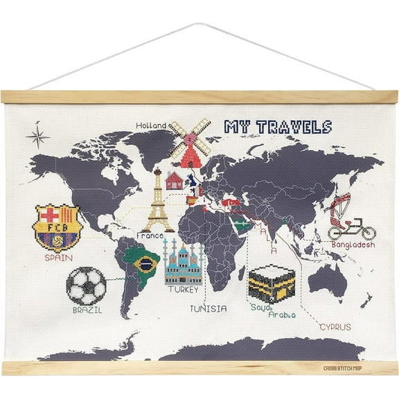 Suck UK | Cross Stitch Kit | Embroidery Kit For Beginners | Cross Stitch Kits & Crafts For Adults | World Map Cross Stitch | Framed World Maps For Wall Decor | Craft Sewing Kit | Travel Gifts | Large