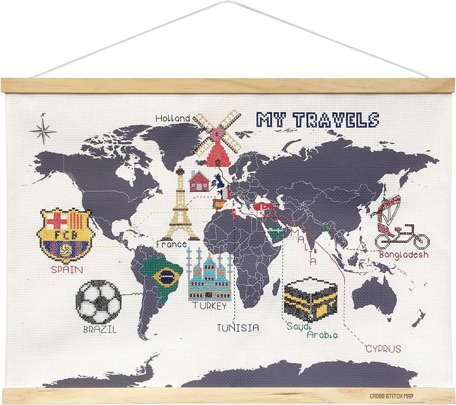 Suck UK | Cross Stitch Kit | Embroidery Kit For Beginners | Cross Stitch Kits & Crafts For Adults | World Map Cross Stitch | Framed World Maps For Wall Decor | Craft Sewing Kit | Travel Gifts | Large