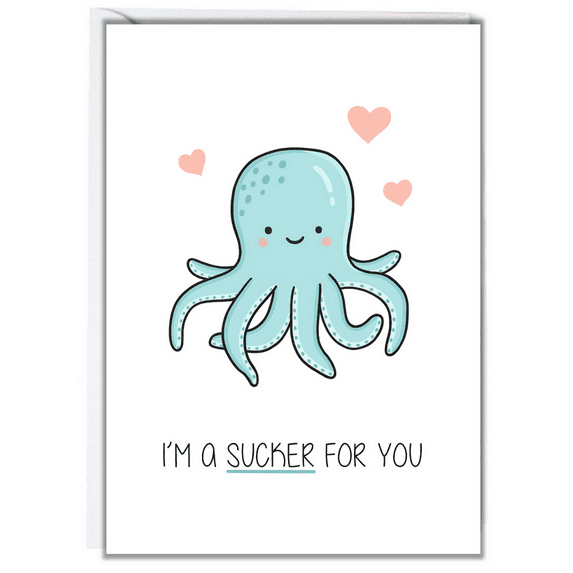 I'm a Sucker for You Cute Octopus Card – Adorable Funny Greeting Card with Envelope, Blank Inside – Perfect for Love Notes, Valentine's Day, or Just Because