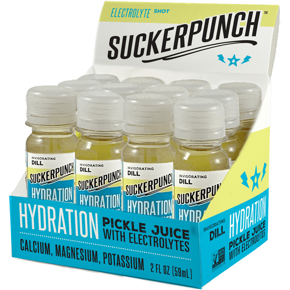 SuckerPunch Hydration 2oz Pickle Juice Shot 12 Count with added Electrolytes (Calcium, Magnesium, Potassium)