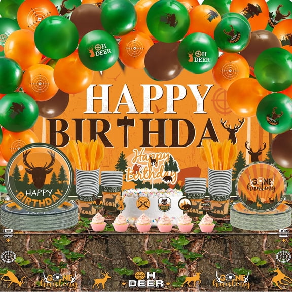 Suclain 165 Pcs Hunting Party Decorations Camo Party Decorations Includes Hunting Backdrop Balloons Cake Cupcake Topper Plates Paper Cup Knives Forks Spoons Tablecloth(Backdrop) Y114