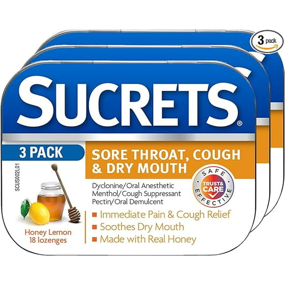 Sucrets Sore Throat & Cough Lozenges, Honey Lemon, 18 Count (3 Pack)