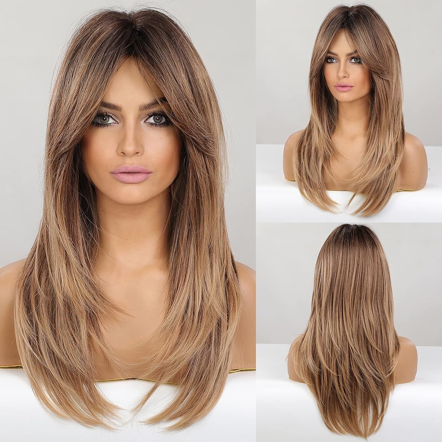 Sucs Long Layered Synthetic Hair Wigs for Women with Bang