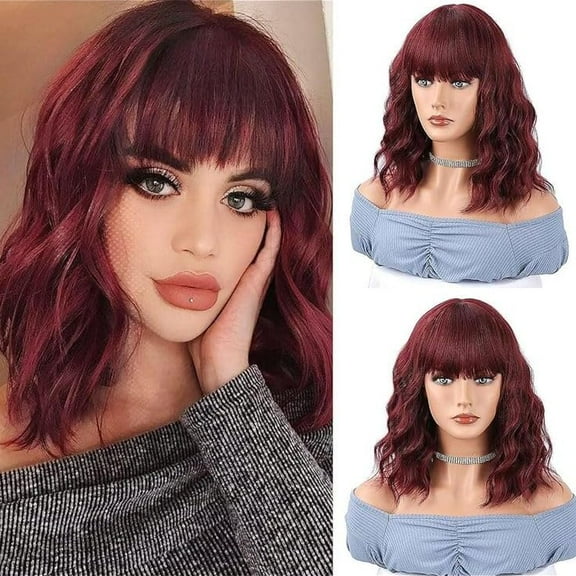 Sucs Short Wavy Red Wig with Bangs for Women Synthetic Curly Bob Wig Heat Resistant Fiber Wig for Daily Party