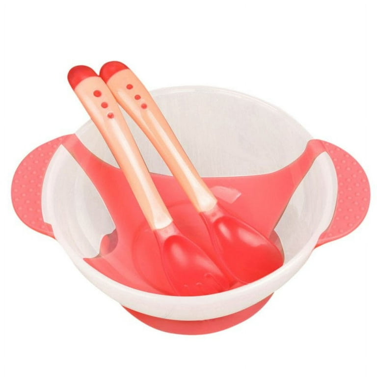 Suction Baby Bowls Set for Toddler and 6 Months Solid Feeding, with Temperature Spoon and Fork, Pink