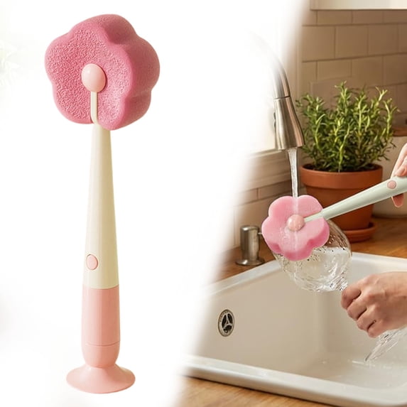 Suction Base Cup Brush with Long Handle, 3-in-1 Multi-Functional Sponge Brush for Cups and Bottle Lids, Pink, 26cm, Plastic, Includes 1 Brush