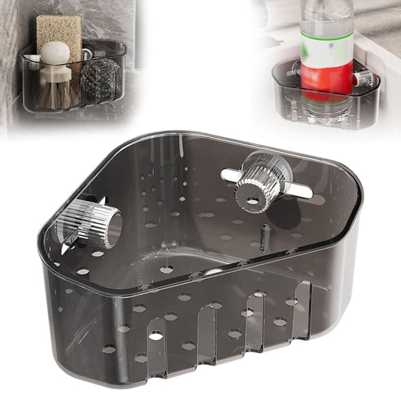 Suction Corner Storage Basket, 2025 Upgraded Suction Cup Press Sink Drainer Basket, Automatic Dumping Sink Strainer Basket,Faucet Sponge Storage Rack (Transparent Black)