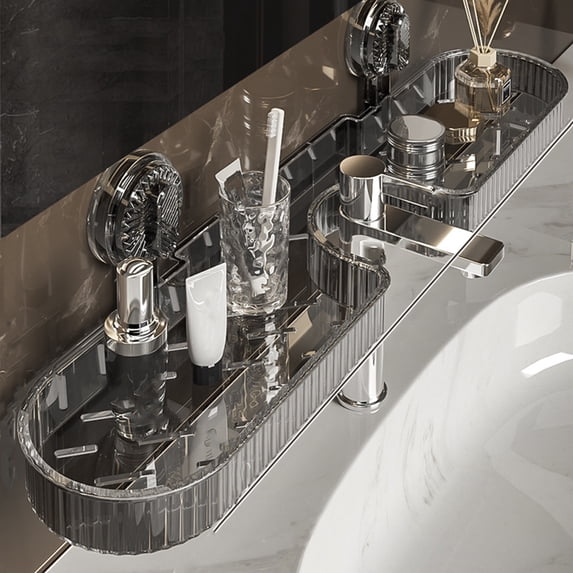 Suction Cup Bathroom Shelf Organizer with Drain Holes, Wall Mounted Mirror Cosmetic Storage Rack for Faucet Side, Strong Adhesive Vanity Makeup Organizer, Bathroom Counter Space Saver