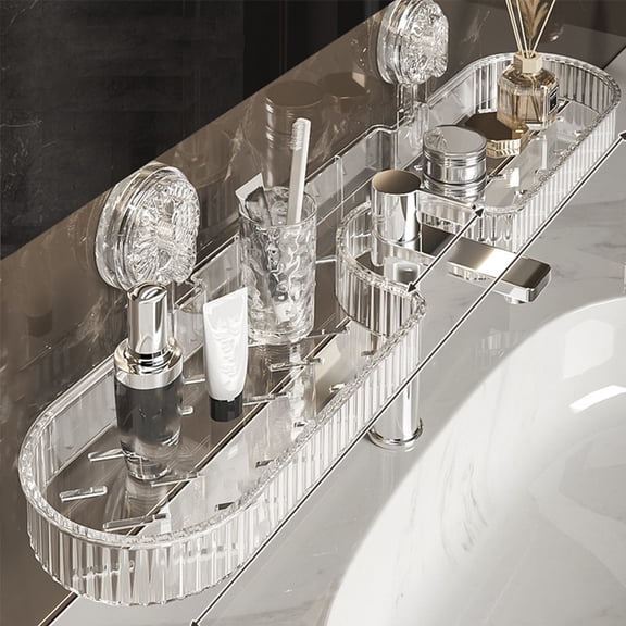 Suction Cup Bathroom Shelf Organizer with Drain Holes, Wall Mounted Mirror Cosmetic Storage Rack for Faucet Side, Strong Adhesive Vanity Makeup Organizer, Bathroom Counter Space Saver