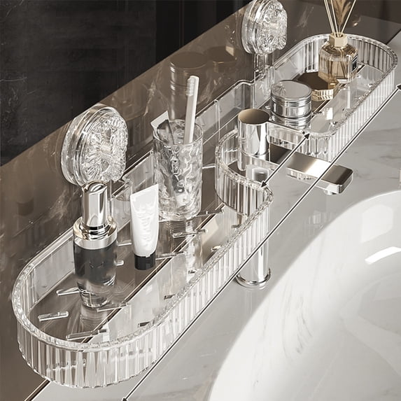 Suction Cup Bathroom Shelf Organizer with Drain Holes, Wall Mounted Mirror Cosmetic Storage Rack for Faucet Side, Strong Adhesive Vanity Makeup Organizer, Bathroom Counter Space Saver