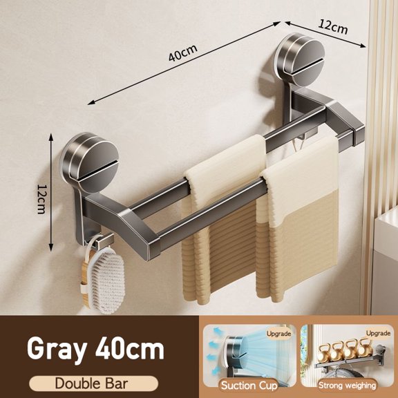 Suction Cup Bathroom Towel Holder, No Drill Two Bar Wall Mounted Towel Rack Shelf for Kitchen Shower