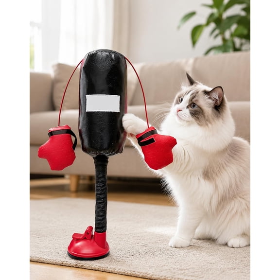 Suction Cup Cat Boxing Toy for Indoor Cats, Wobbling Punching Bag with Two Dangling Gloves, No Batteries Required for Smooth Surfaces