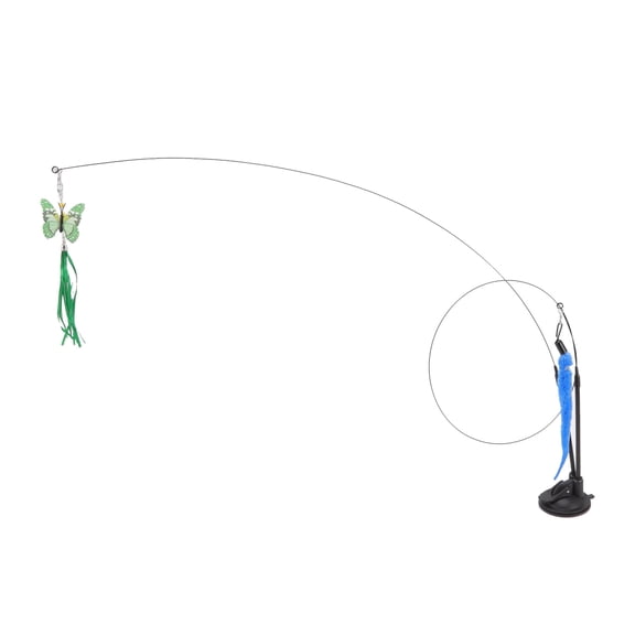Suction Cup Cat Feather Wand Toy Dual End Steel Wire Interactive Cat Teaser Stick with Green Scalewing & Blue Caterpillar - 35.4 inches / 90 cm Length