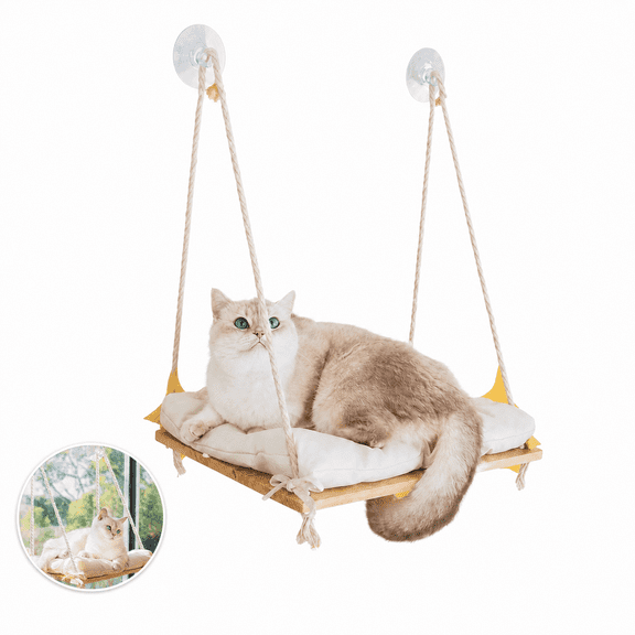 Suction Cup Cat Window Perch, Solid Pine Cat Window Hammock with Soft Cushion, Heavy Duty Rope Window Cat Bed, Punch-Free Space Saving Kitty Window Bed for Indoor Cats