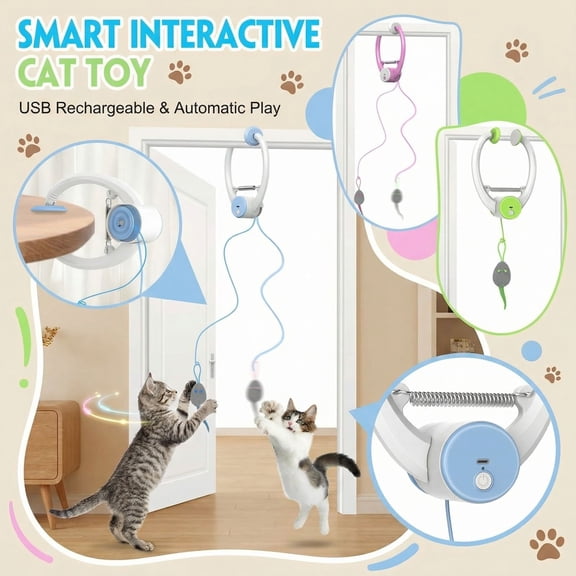 Suction Cup Cat toys for indoor Cats, interactive Cat toy, Electric Cat toy, Spring Retractable Plush, Daily Activity, Cat Supplies for indoor Cats, 12 in Hanging Arc, 3
