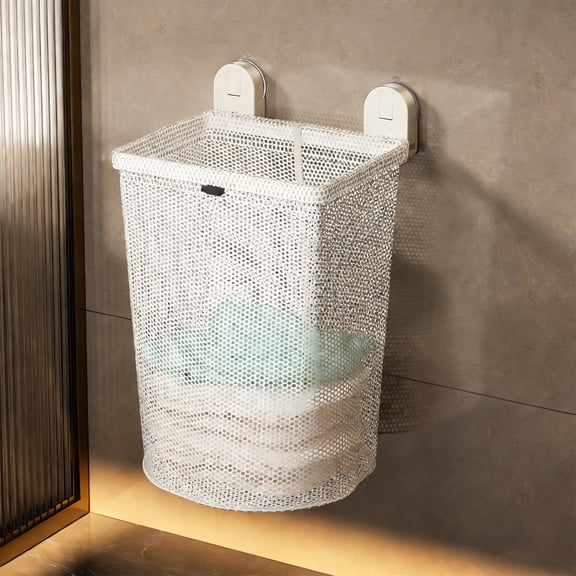 Suction Cup Dirty Basket Wall Mounted Foldable Bathroom Laundry Storage Basket Gray White Mesh Ventilated 51x27.8x20.5cm