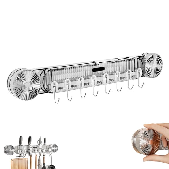 Suction Cup Hook Rack, 16.4-Inch Acrylic Wall Mounted Rail with 8 Movable Hooks, No Drilling Waterproof Kitchen Utensil Holder and Bathroom Towel Rack