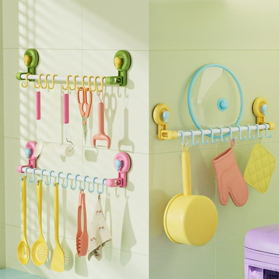 Suction Cup Hook Rack Punch-Free Green Plastic Kitchen Bathroom Towel Storage Rack with 10 Movable Hooks 50x7.2x5cm