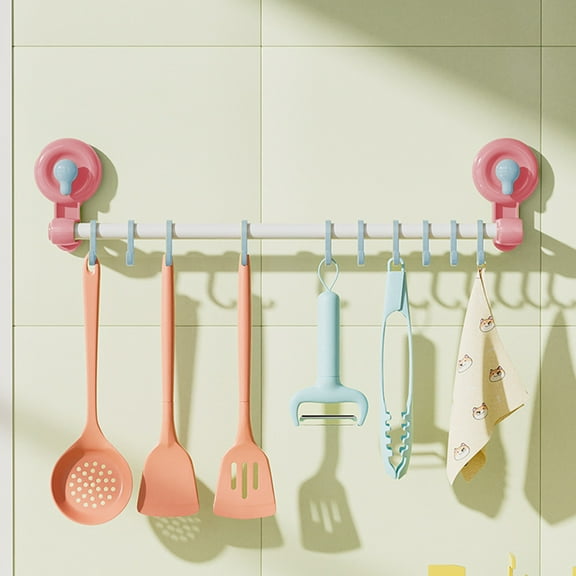 Suction Cup Hook Rack | Punch-Free Kitchen Storage Bar | 10 Movable Hooks | Adjustable Plastic Pole | Yellow Green Pink | Bathroom Organizer | No Drilling Needed | Heavy Duty Watertight | 50cm