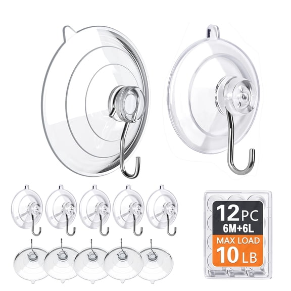 Suction Cup Hooks 12-Pack (6 Large, 6 Medium) – Heavy Duty Clear Adhesive Hooks for Windows, Shower, Tiles, Wall – Removable & Reusable Bathroom, Kitchen Organizer