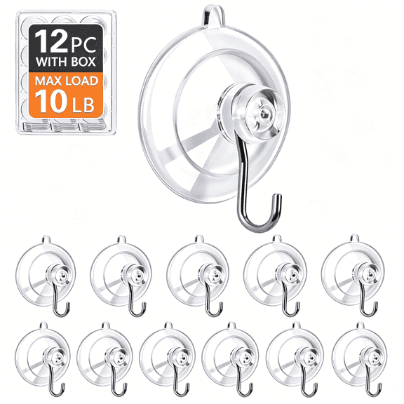 TONOS Suction Cup Hooks 12Pack, Max Load 10LB, 1.77'' Clear Suction Cups No Trace, Reusable & Removable, Stainless Steel Hooks for Tile, Glass, Window