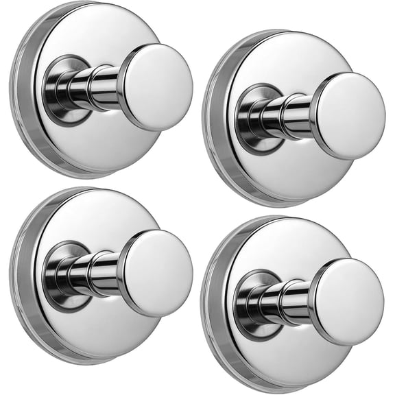 Suction Cup Hooks for Bathroom, Heavy Duty 15 lb Hold, No-Drill Shower Hooks for Glass, Tile & Mirrors, Removable Wall Hooks for Towels & Robes, Polished Chrome, 4 Pack