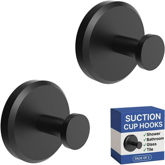 Suction Cup Hooks for Shower, Bathroom, Kitchen, Glass Door, Mirror, Tile Loofah, Towel, Coat, Bath Robe Hook Holder for Hanging up to 15 lbs Waterproof & Rustproof, Matte Black (2-Pack)
