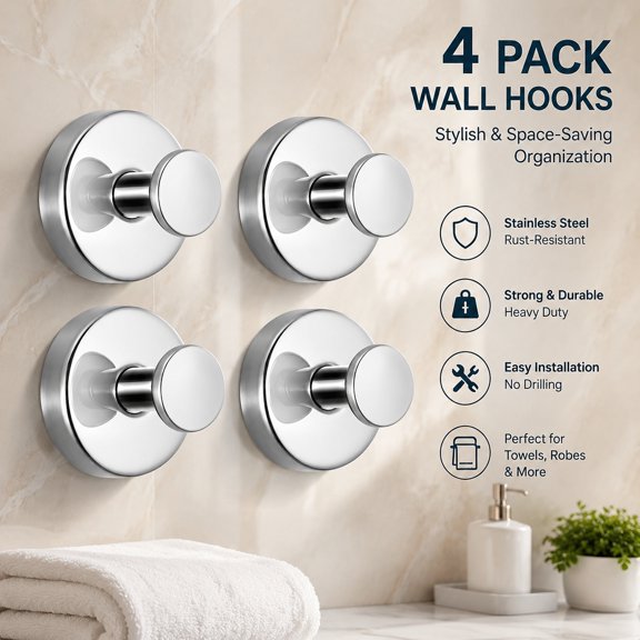 Suction Cup Hooks for Shower - No Drilling Needed Bathroom Hooks for Towels, Robes, Loofah - Mountable on Tile, Glass, Mirrors, Smooth Surfaces - Removable, 4pcs Chrome Finish