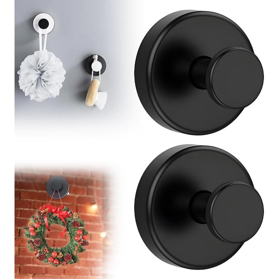Suction Cup Hooks for Wreaths, 2025 New No Drill Suction Cup Hooks for Wreaths on Glass, Wreath Hanger for Front Door, Towel Hooks for Window Bathroom Mirrors Shower (2, Black)