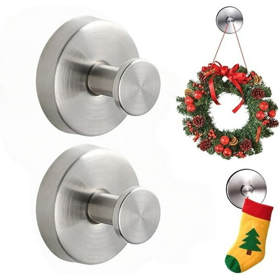 Suction Cup Hooks for Wreaths on Glass, 2025 New No Drill Suction Cup Hooks for Shower, Wreath Hanger for Front Door, Metal Towel Hooks for Halloween/Christmas/Thanksgiving/Valentine (2, Silver)